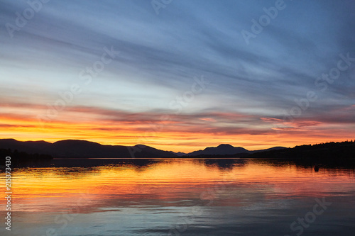 Colorful scenic sunset view of Loch lomond lake in Scotland  United Kingdom.