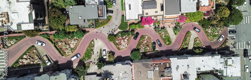 Panorama view aerial Lombard Street, an east–west street in San Francisco, California. Famous for steep, one-block section with eight hairpin turns. Crookedest, steep hills, sharp curves, one-way road