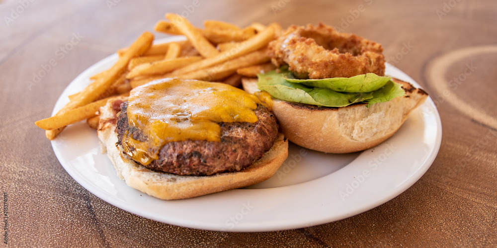 Cheeseburger Plate With French Fries And Onion Ring Cheeseburger Plate With French Fries And Onion Ring