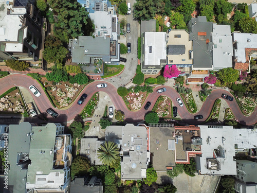 Top view steep hills and sharp curves one-way road Lombard Street, San Francisco