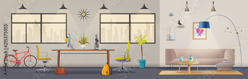 Living room and office interior. Modern apartment scandinavian or loft design. Cartoon vector illustration