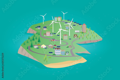 The island of nature renewable energy with wind turbine and solar panels. Vector illustration of ecological concept