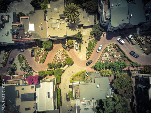 Vintage tone aerial Lombard Street, an east–west street in San Francisco, California. Famous for steep, one-block section with eight hairpin turns. Crookedest, steep hills, sharp curves, one-way road
