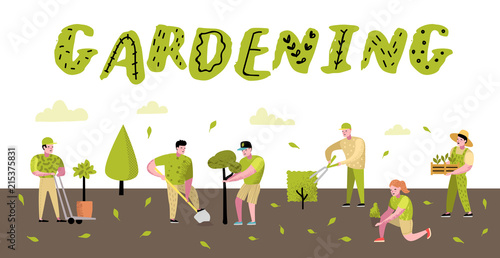 Gardening Cartoons Poster. Funny Simple Characters with Plants and Trees. Man and Woman Gardener. Vector illustration