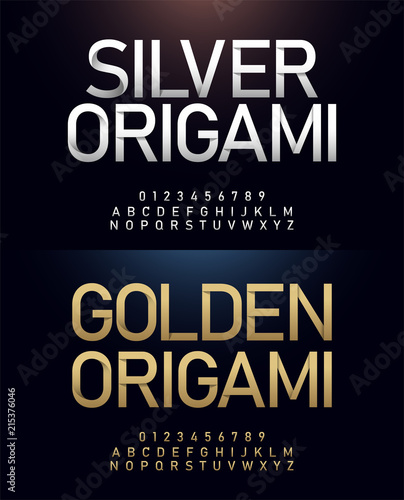 Origami alphabet and number golden font paper cut concept. Japanese Letters Typography Number gold and silver fonts. vector illustrator