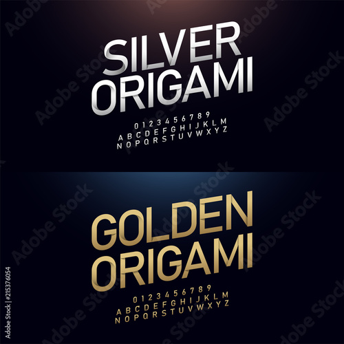 Origami alphabet and number golden font paper cut concept. Japanese Letters Typography Number gold and silver italic fonts. vector illustrator