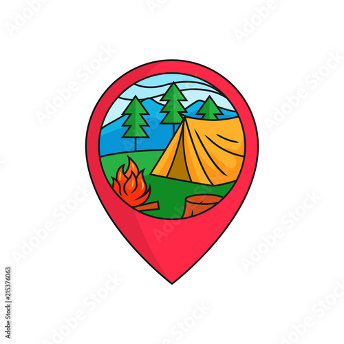 Free Download Forest camping map pin locator logo badge. Tent with bonfire at mountain pine forest illustration for outdoor activity concept. simple flat cartoon style vector design. - GFXLoad