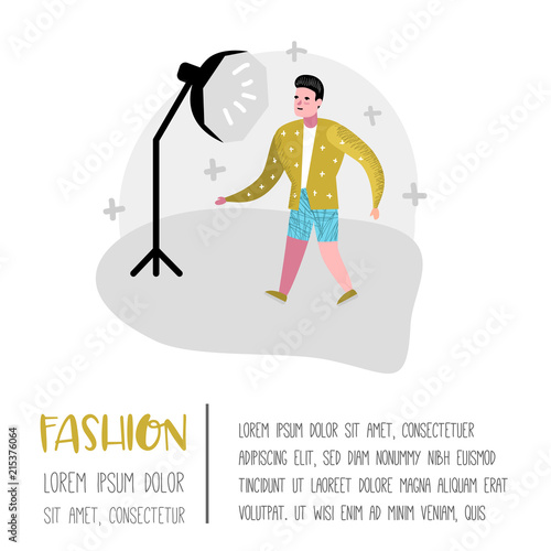 Photo Studio Character with Photographer Poster. Model Agency with Photographic Equipment. Vector illustration