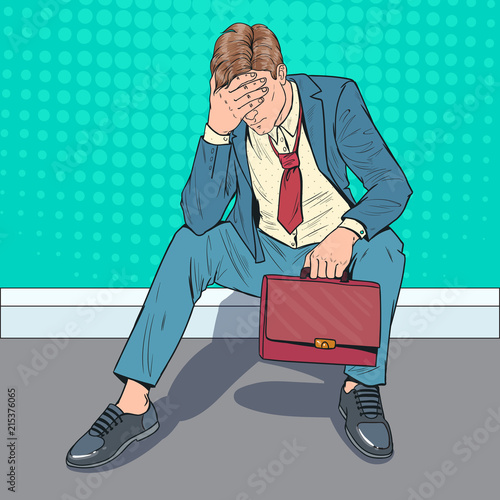 Pop Art Stressed Businessman Sitting on the Floor. Tired Disappointed Man. Despair Office Worker. Vector illustration