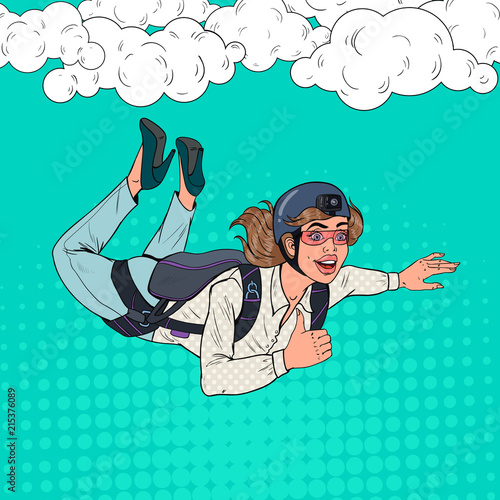 Pop Art Businesswoman Flying with Parachute. Happy Woman Parachutist. Skydiver in the Air. Vector illustration