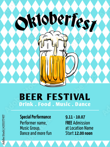 Oktoberfest poster design. Munich beer festival with bavaria flag background. Full glass of beer hand drawn vector illustration. Banner, label, flyer, invitation template.
