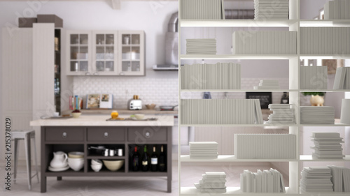 Bookshelf close-up, shelving foreground, interior design concept, scandinavian kitchen in the background © ArchiVIZ