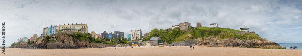 Panoramic view of Tenby from the beach adjacent to St Catherines fort, Pembrokeshire, UK