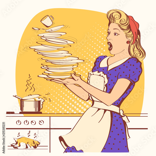 Clumsy housewife and overlooked roast chicken in an oven.Vector color illustration