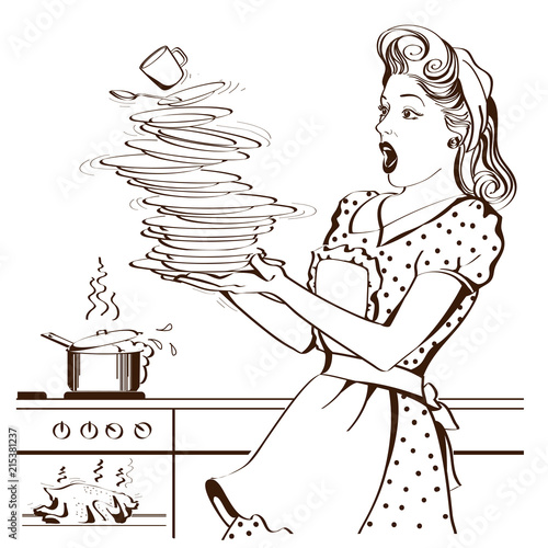 Clumsy housewife and overlooked roast chicken in an oven.Vector graphic illustration