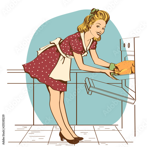 Young beautiful housewife in red dress cooking roasted chicken.Retro kitchen room interior