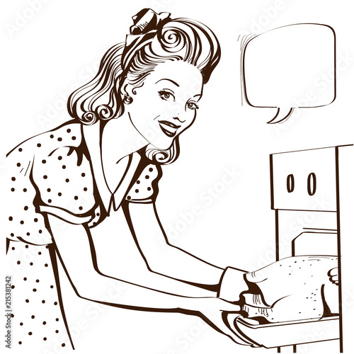 Young attractive housewife cooking roasted chicken.Retro kitchen room interior with bubble