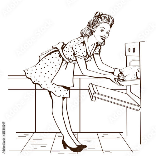 Young attractive housewife cooking roasted chicken.Retro kitchen room interior