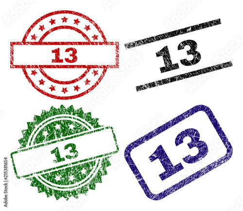 13 seal prints with corroded texture. Black, green,red,blue vector rubber prints of 13 text with grunge texture. Rubber seals with round, rectangle, medal shapes.