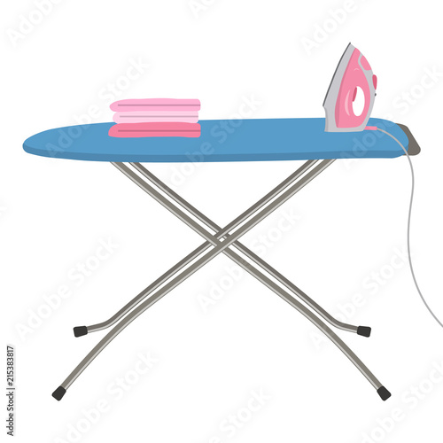 Pink iron and blue ironing board isolated on a white background. There is also a stack of ironed things in the picture. Vector flat illustration.