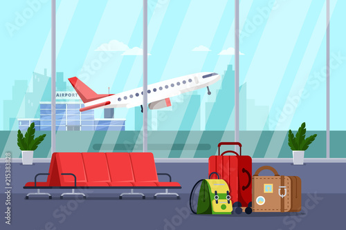 Airport terminal interior, vector illustration. Empty waiting lounge or departure hall with red chairs and luggage bags