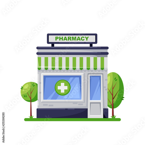 Drugstore building, isolated on white background. Green pharmacy store exterior, vector cartoon style icon design