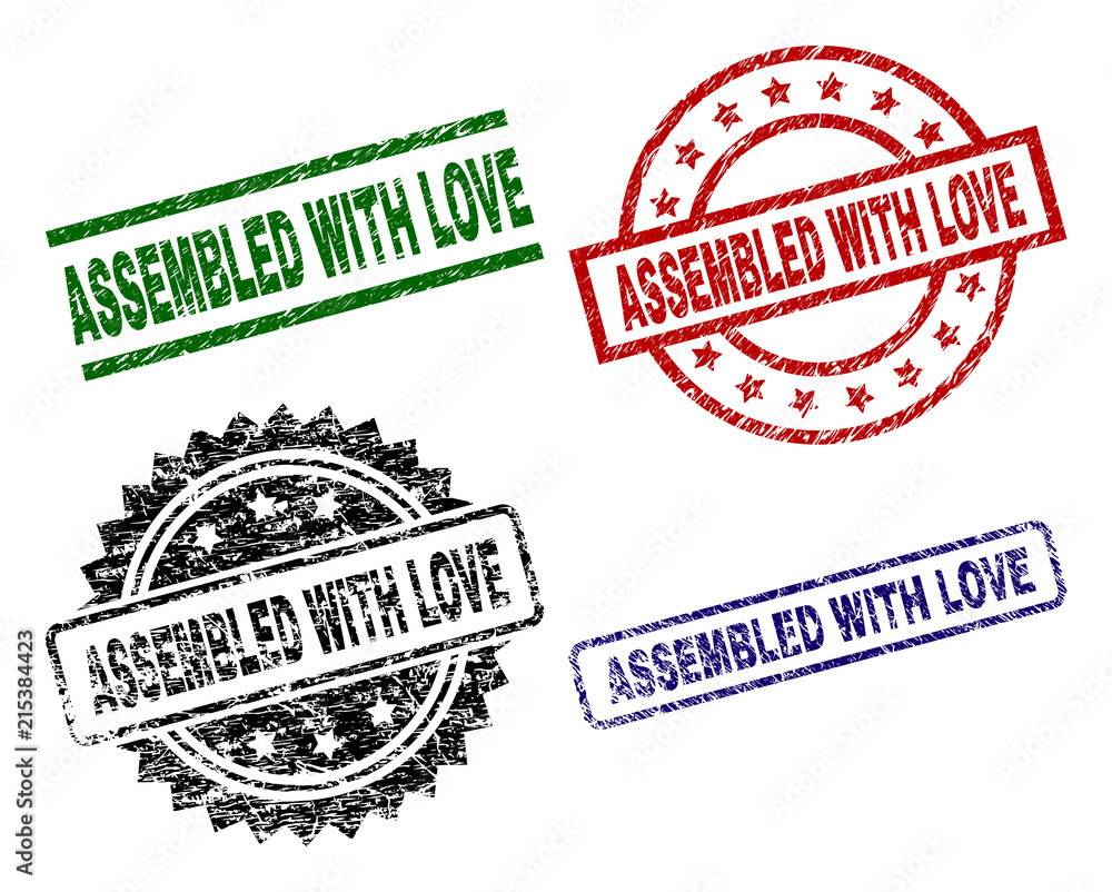 ASSEMBLED WITH LOVE seal prints with corroded style. Black, green,red,blue vector rubber prints of ASSEMBLED WITH LOVE text with retro style. Rubber seals with circle, rectangle, rosette shapes. ASSEMBLED WITH LOVE seal prints with corroded style. Black, green,red,blue vector rubber prints of ASSEMBLED WITH LOVE text with retro style. Rubber seals with circle, rectangle, rosette shapes.