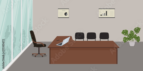 Head office. Interior of an office room with a large window. There is a desk, black chairs, a flower and posters with diagrams in the picture. On the desk is a laptop. Vector illustration.