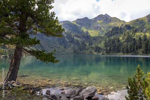 mountain lake scheibelsee, in the background mountain great boesenstein in styria, rottenmanner tauern, austria