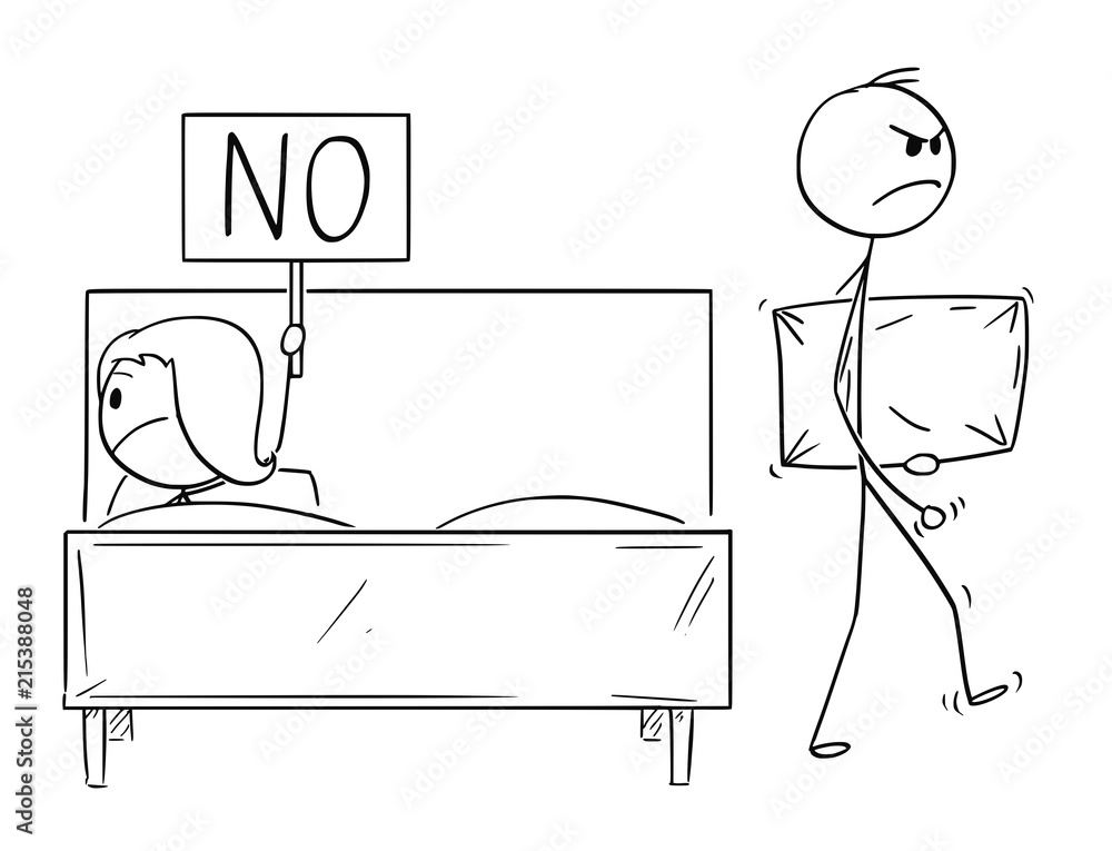 Cartoon stick drawing conceptual illustration of couple. Man offered sex or  sexual intercourse, woman is rejecting and man is leaving bed with pillow  in hand. Concept of relationship and sex life Stock