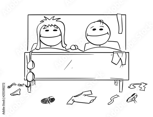 Cartoon stick drawing conceptual illustration of happy couple in bed. Man and woman are satisfied after sexual intercourse.