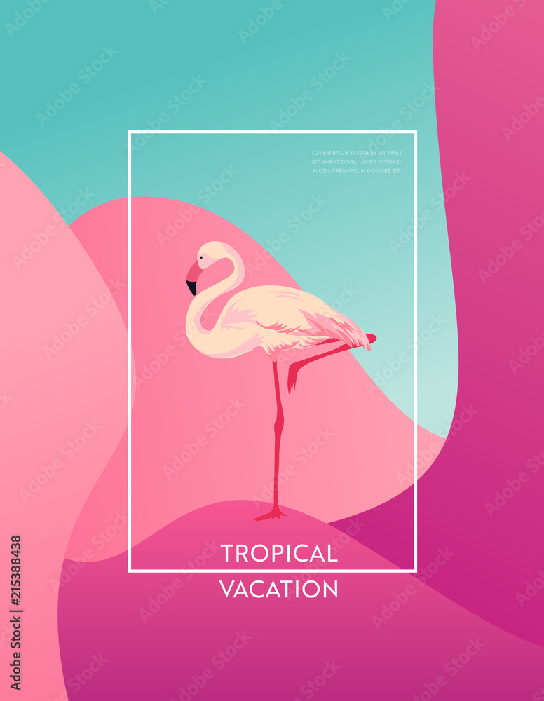 Obraz premium Tropical Vacation Layout with Flamingo Bird for Web, Landing Page, Banner, Poster, Website Template. Hello Summer Background for Mobile App, Social Media. Vector illustration
