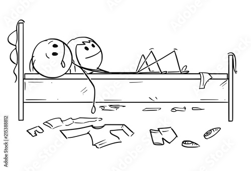 Cartoon stick drawing conceptual illustration of happy couple in bed. Man and woman are satisfied after sexual intercourse.