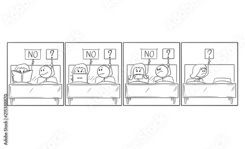 Cartoon stick drawing comic story of frustrated and unsatisfied man constantly rejected in bed by his woman from various reasons. Finally he is leaving bed and his woman.