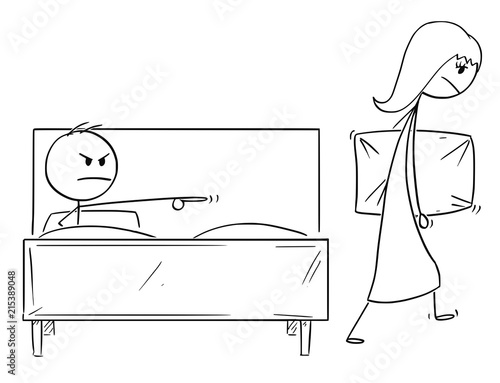 Cartoon stick drawing conceptual illustration of woman expelled or banished from bed by man. Concept or relationship difficulties.
