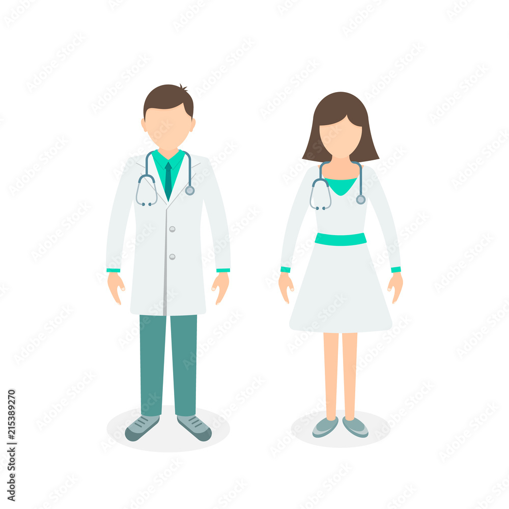 Doctor set, Young professional Doctor and Nurse full height. Vector illustration of doctors flat illustration on white background