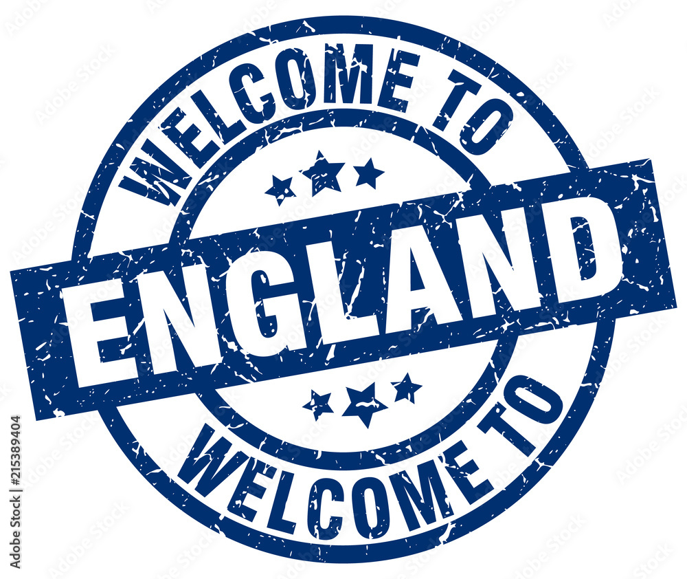 welcome to England blue stamp