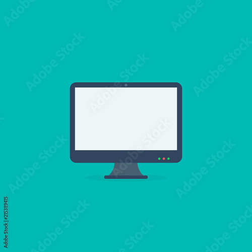 Monitor screen PC icon flat style on blue background, vector isolated illustration