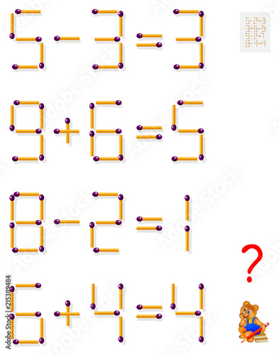 Logic puzzle game. In each task move one matchstick to make the equations balance. Vector image.