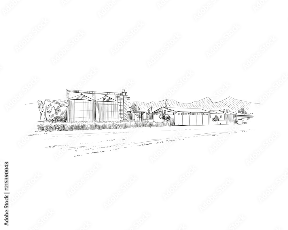 Rural landscape. Farm sketch hand drawn vector illustration. 