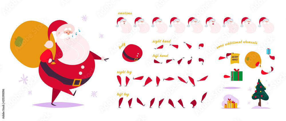 Vector Santa Claus character creator - different poses, gestures, emotions, holiday elements - snowflakes, fir tree, gift box & bag for Christmas designs, animation, web, banners isolated on white bg