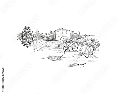 Rural landscape. Farm sketch hand drawn vector illustration. 