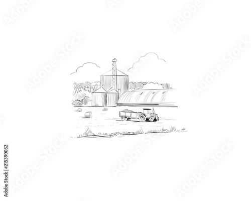 Rural landscape. Farm sketch hand drawn vector illustration. 