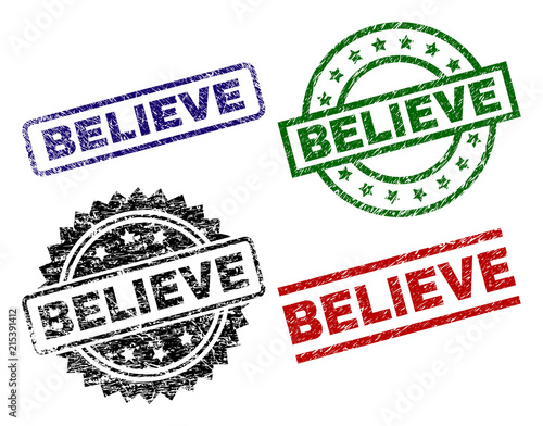 BELIEVE seal prints with damaged texture. Black, green,red,blue vector rubber prints of BELIEVE label with corroded texture. Rubber seals with round, rectangle, rosette shapes.