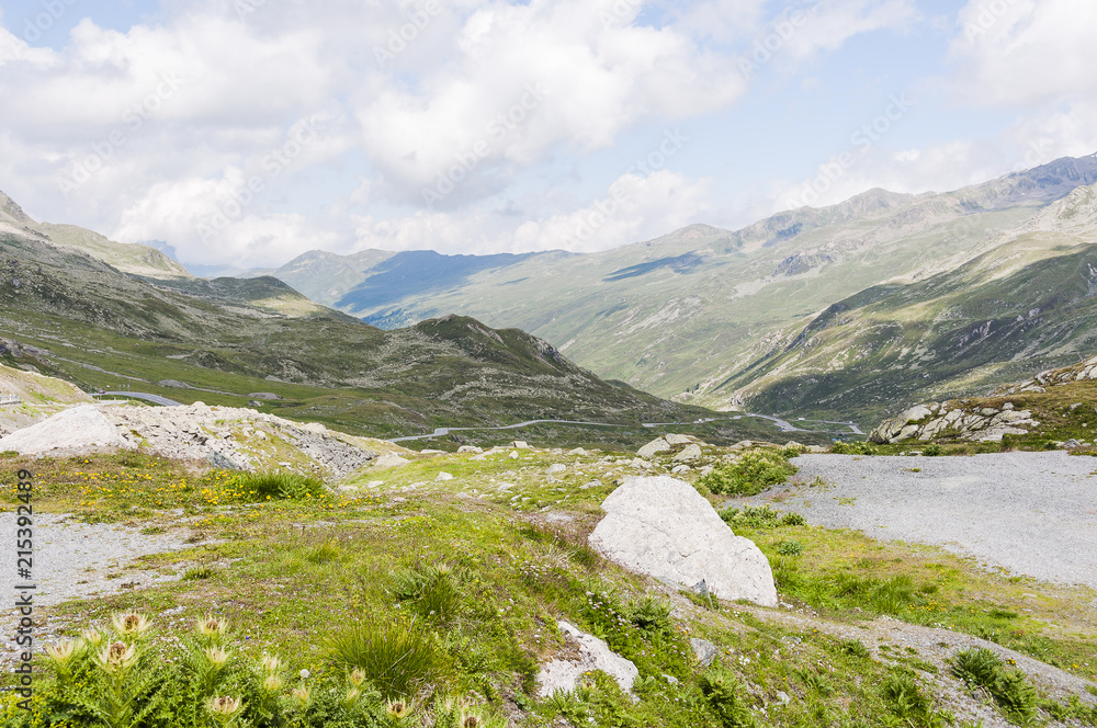 Fototapeta premium Flüela, Flüelapass, Susch, Alpen, Passhöhe, Passstrasse, Bergstrasse, Wanderweg, Graubünden, Sommer, Schweiz