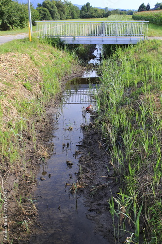 Ooser Landgraben, Fluß durch Sandweier, Ortsteil von Baden-Baden, mit Brücke, Niedrig Wasser und ausgedrocknetem Flußßbett photo