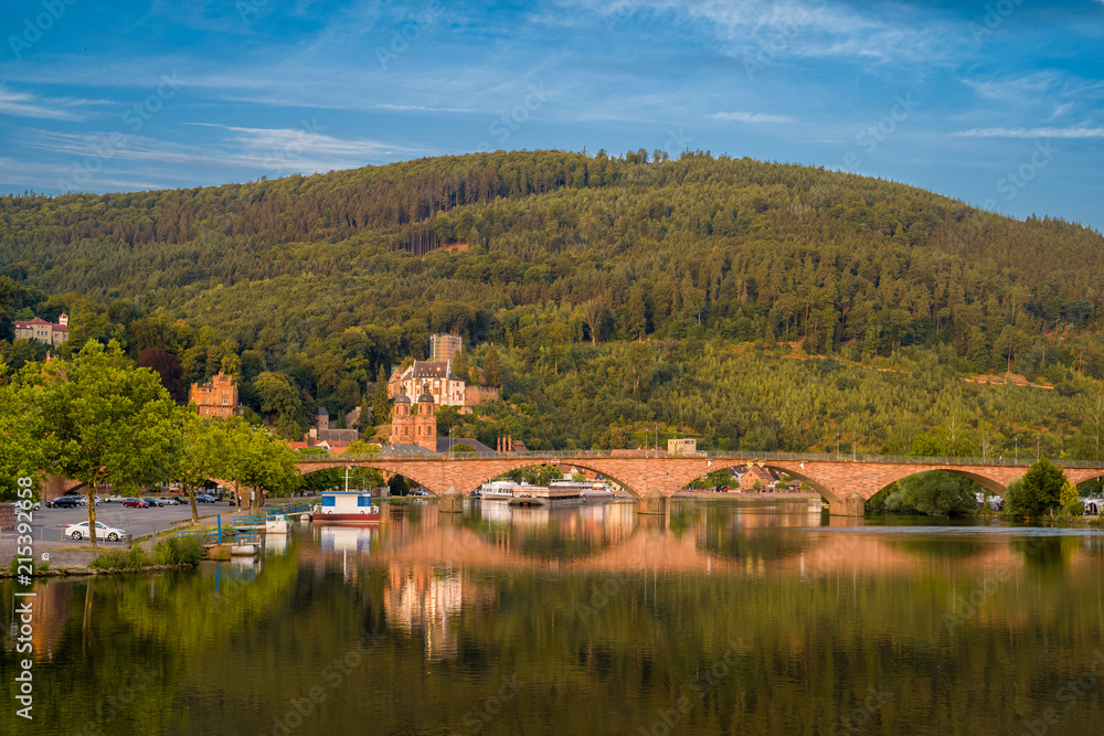 Landscape of bridge over Main river  and old town of Miltenberg, Germany.