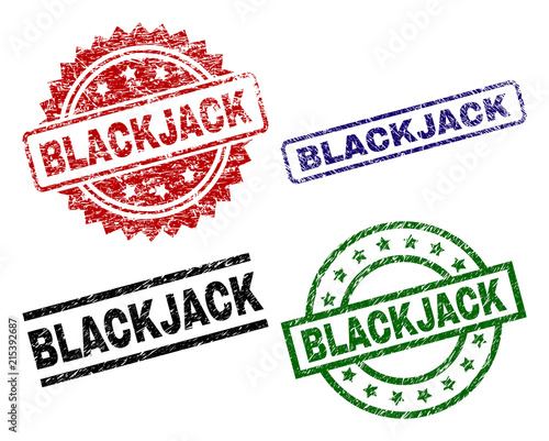 BLACKJACK seal prints with corroded style. Black, green,red,blue vector rubber prints of BLACKJACK tag with corroded surface. Rubber seals with circle, rectangle, rosette shapes.