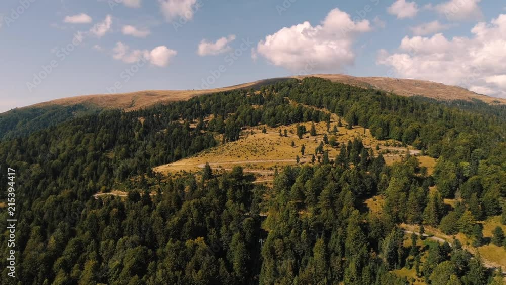 Moving forward to a road in the mountains in the middle of the forest on a sunny autumn day. Aerial Drone shot Moving forward to a road in the mountains in the middle of the forest on a sunny autumn day. Aerial Drone shot