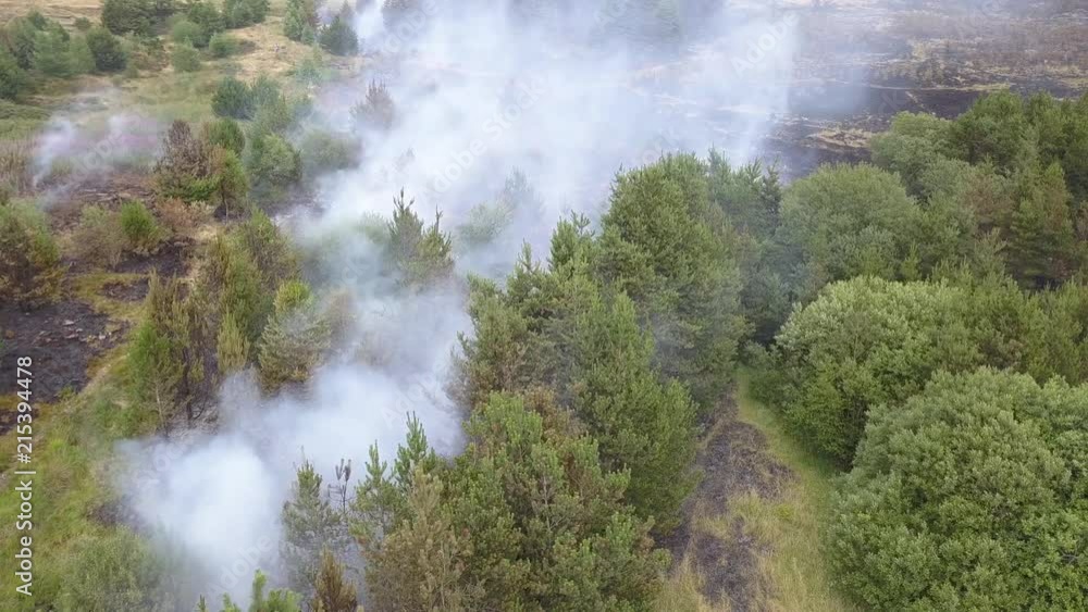 Aerial drone view of smoke coming from a wildfire in a forested area in Wales Aerial drone view of smoke coming from a wildfire in a forested area in Wales